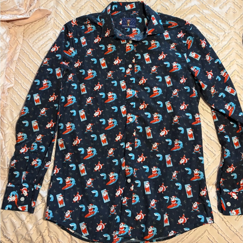 Simon Banks Men's Navy Blue Patterned Shirt